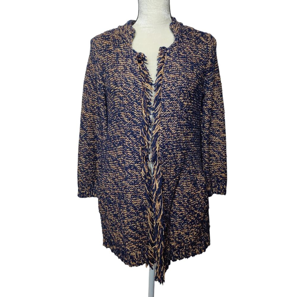 Sparrow Anthropologie Women's Sz S Blue Tan Open Front Cardigan Sweater Fringe